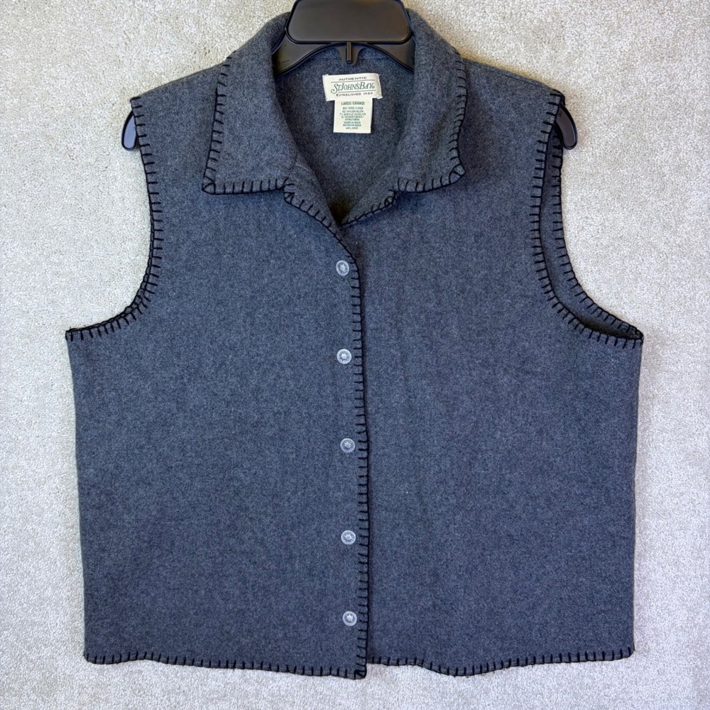 Vintage St Johns Bay Wool Vest Wmns Large Gray Blanket Stitch Button Boiled Wool
